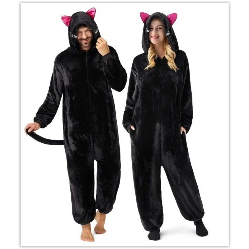 Black Cat Jumpsuit Kitty Animal Cozy Fancy Halloween Adult Costume XL NEW